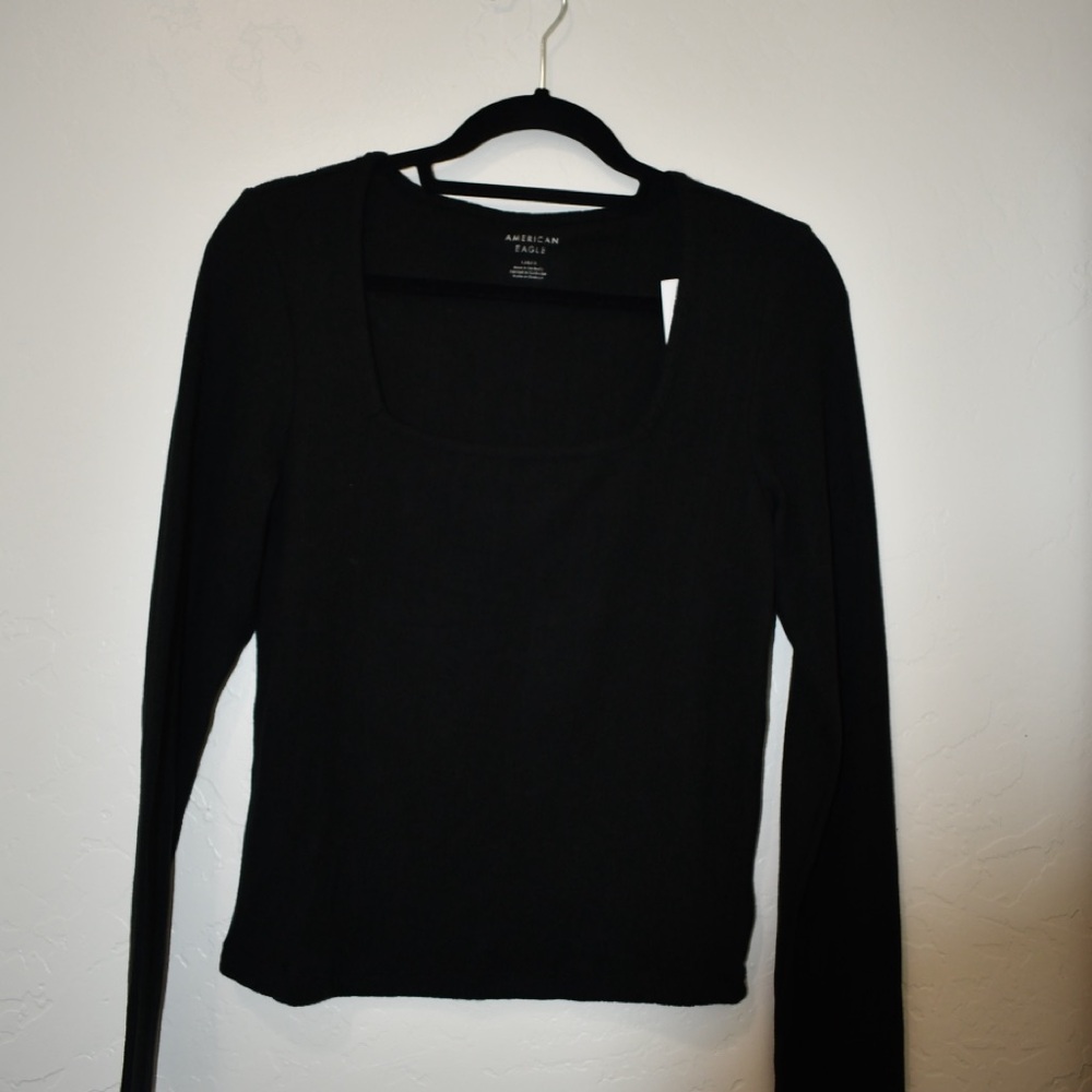 American Eagle Black Ribbed Long Sleeve Top Square Neck Fitted Basic NWT Size L - Picture 2 of 6